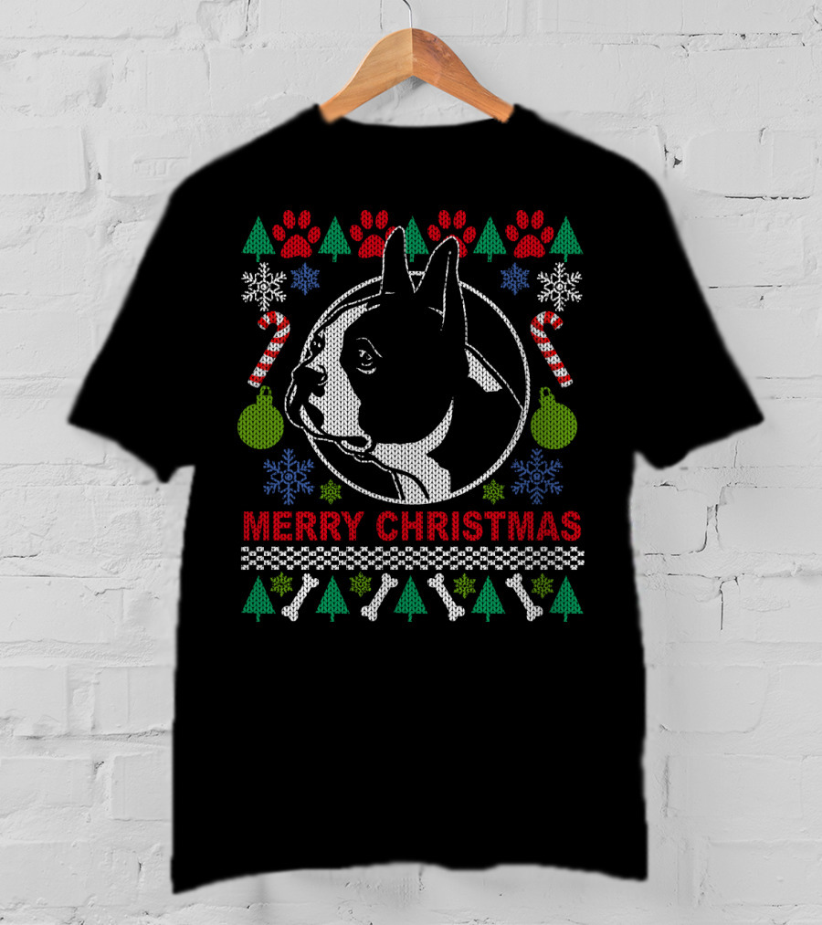 Merry Christmas Boston Terrier Candy Cane Snowflakes Trees T-Shirt