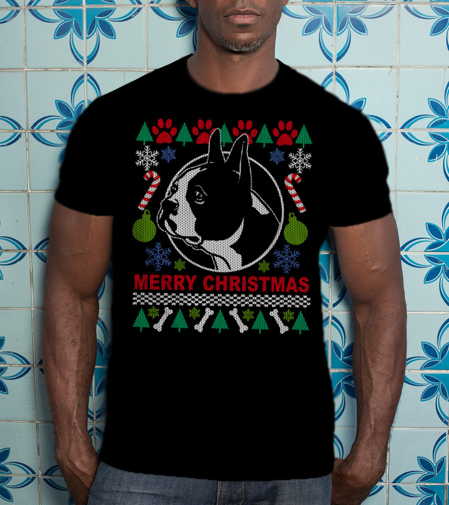 Merry Christmas Boston Terrier Candy Cane Snowflakes Trees T-Shirt