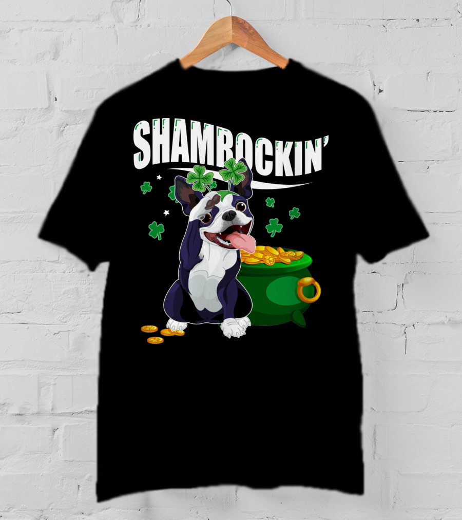 Shamrockin' Boston Terrier With Pot Of Gold And Clovers T-Shirt
