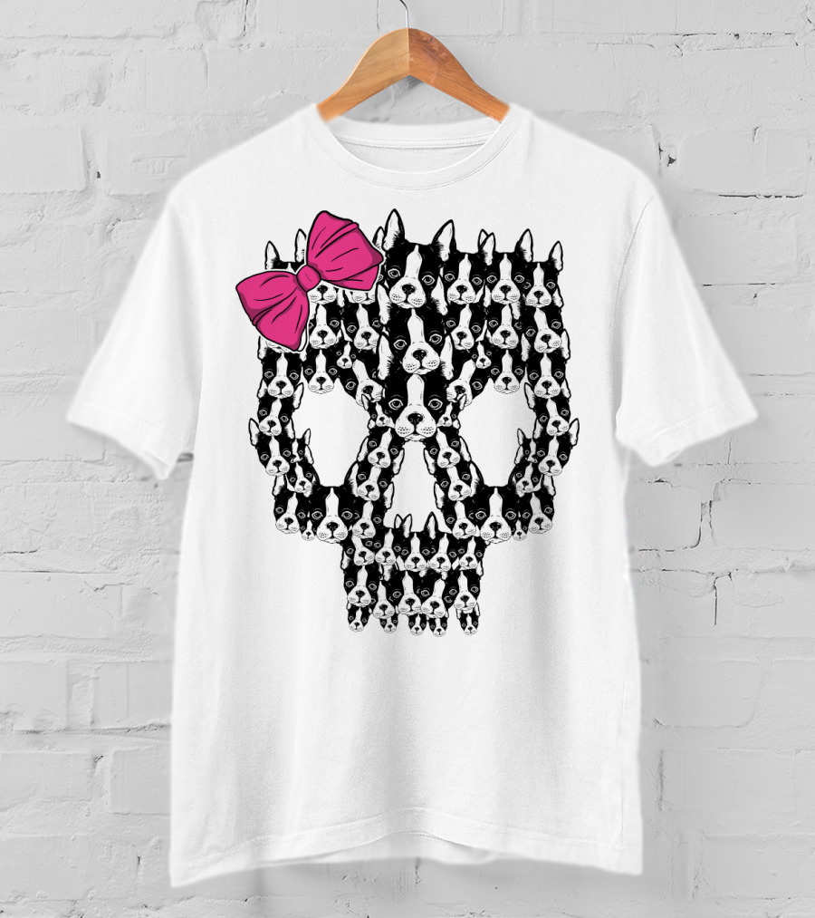 Boston Terrier Skull Pink Bow T-Shirt