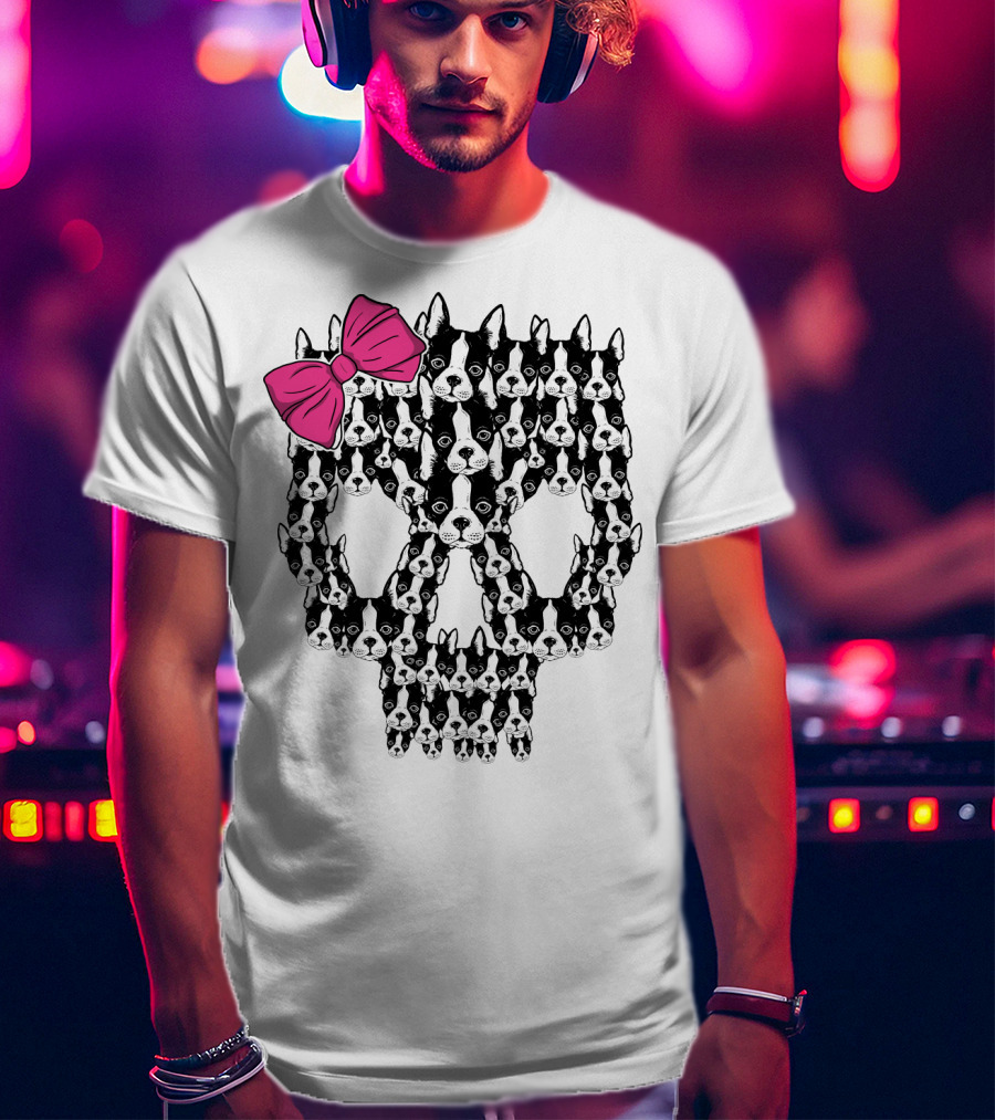 Boston Terrier Skull Pink Bow T-Shirt