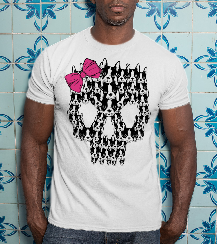 Boston Terrier Skull Pink Bow T-Shirt
