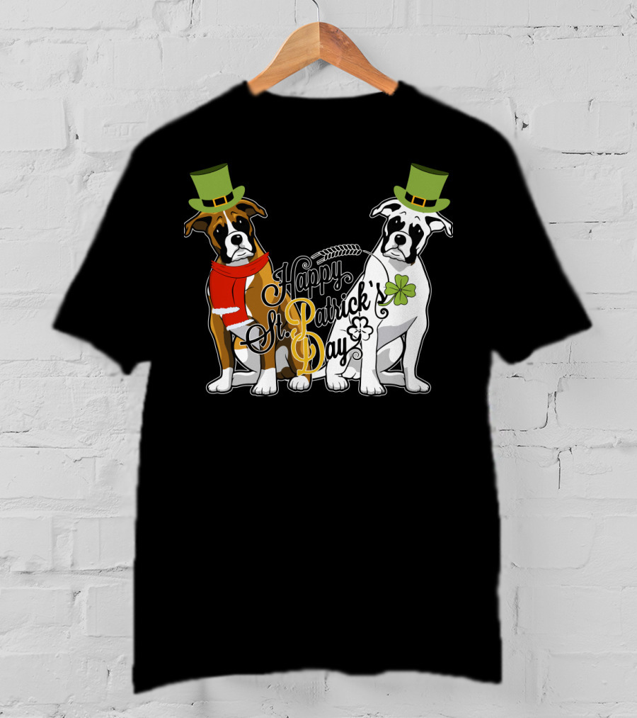 Happy St Patrick's Day Boxer Dogs With Shamrocks And Hats T-Shirt