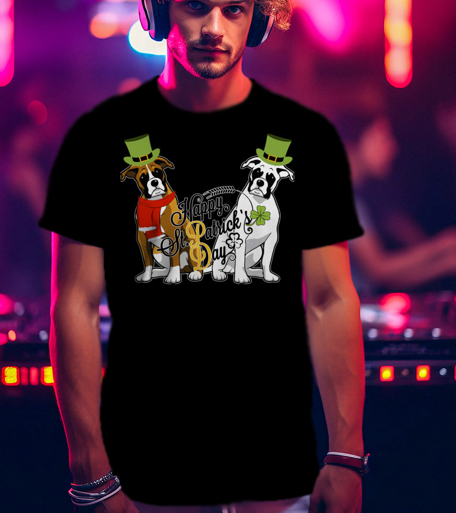 Happy St Patrick's Day Boxer Dogs With Shamrocks And Hats T-Shirt