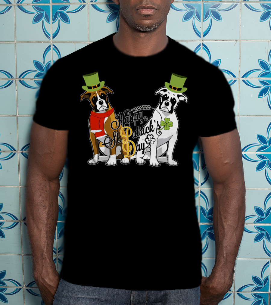 Happy St Patrick's Day Boxer Dogs With Shamrocks And Hats T-Shirt