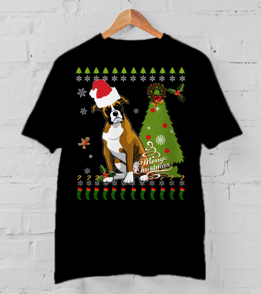 Merry Christmas Boxer Santa Hat Gingerbread Man Christmas Tree Snowflakes T-Shirt