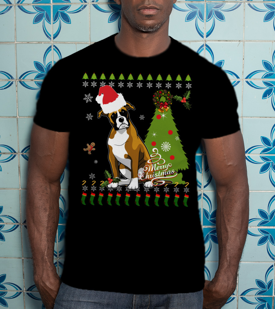 Merry Christmas Boxer Santa Hat Gingerbread Man Christmas Tree Snowflakes T-Shirt