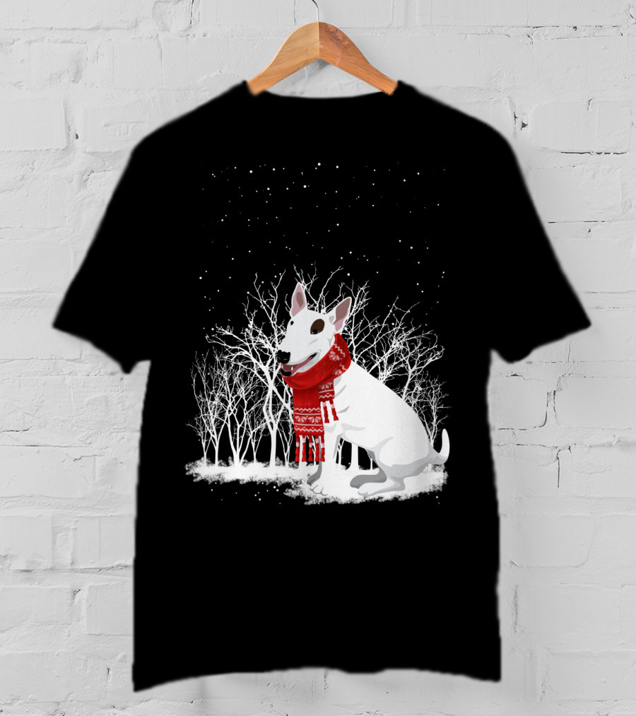 Winter Bullterrier Red Scarf Snowy Forest T-Shirt