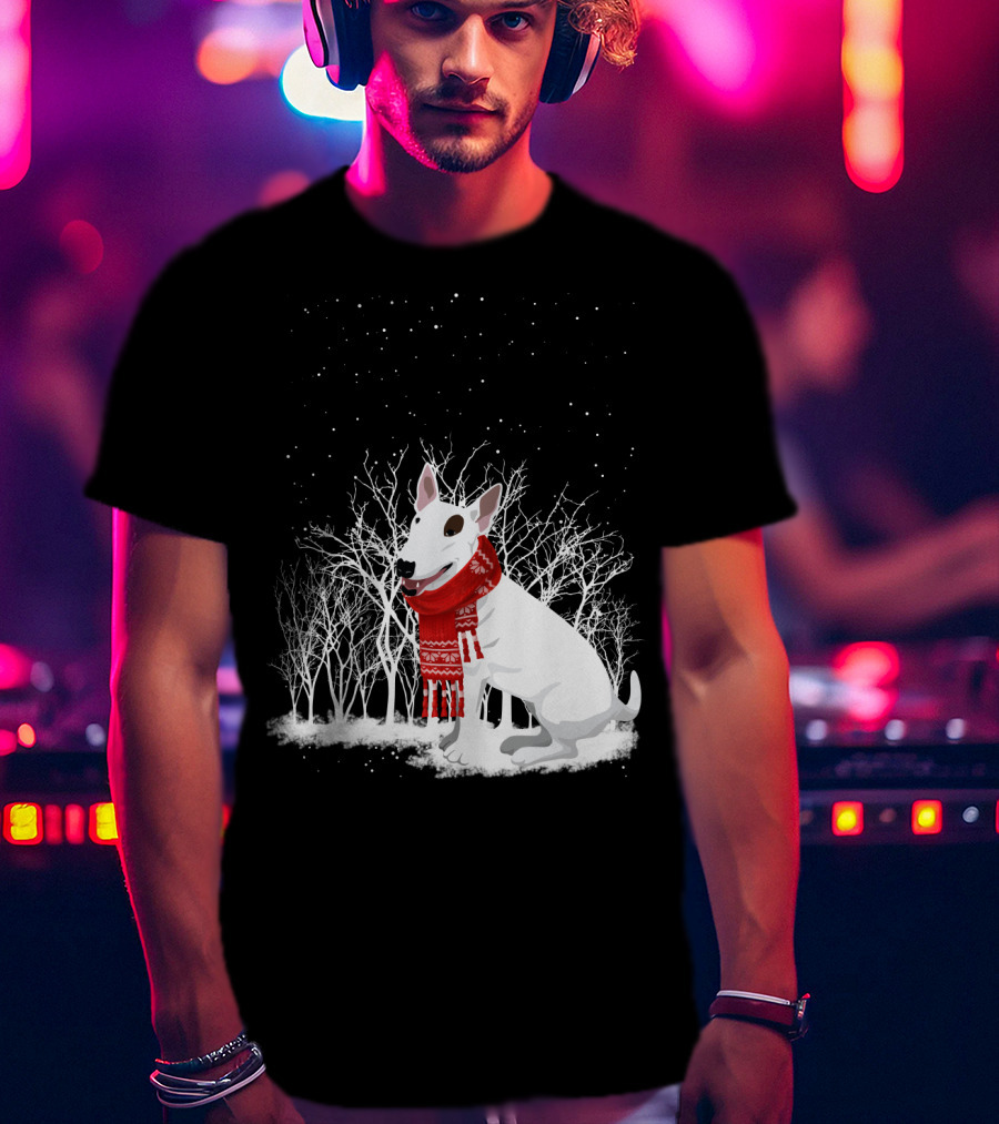 Winter Bullterrier Red Scarf Snowy Forest T-Shirt