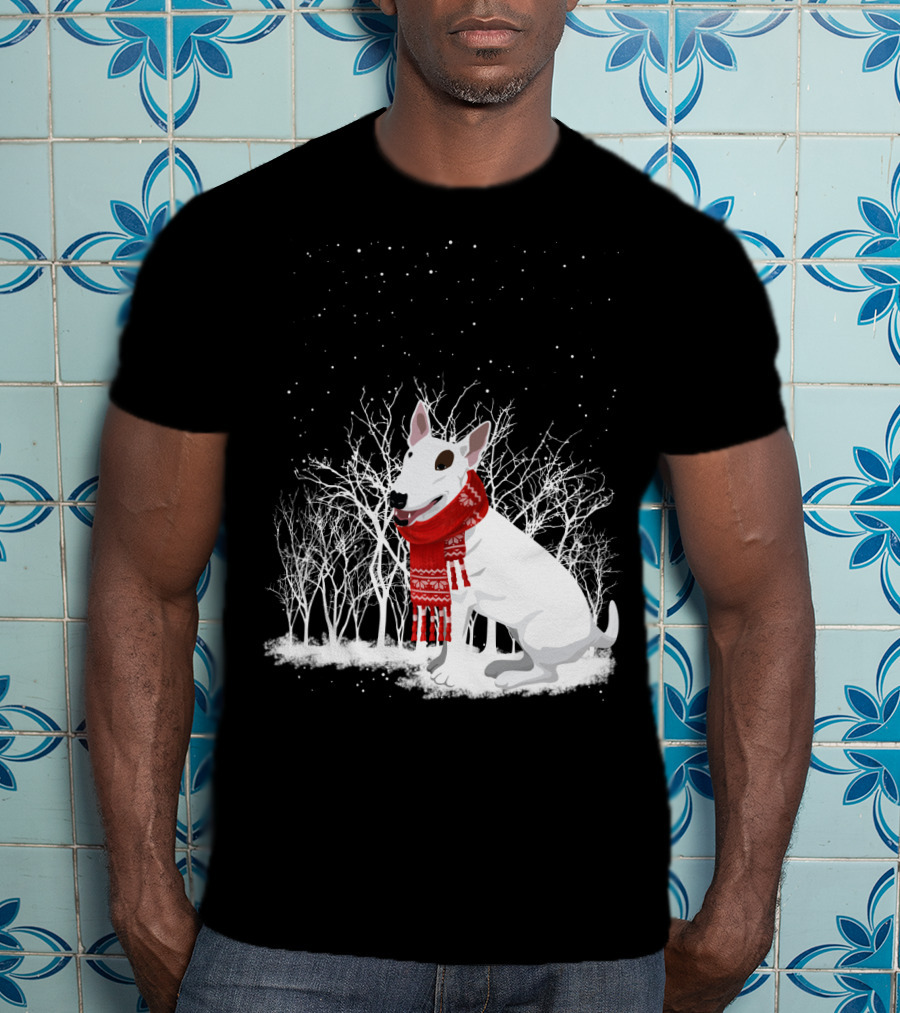 Winter Bullterrier Red Scarf Snowy Forest T-Shirt