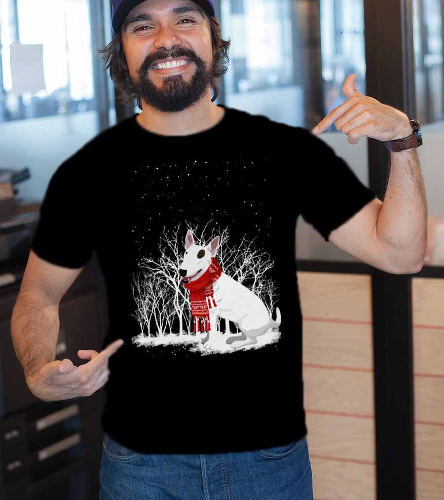 Winter Bullterrier Red Scarf Snowy Forest T-Shirt