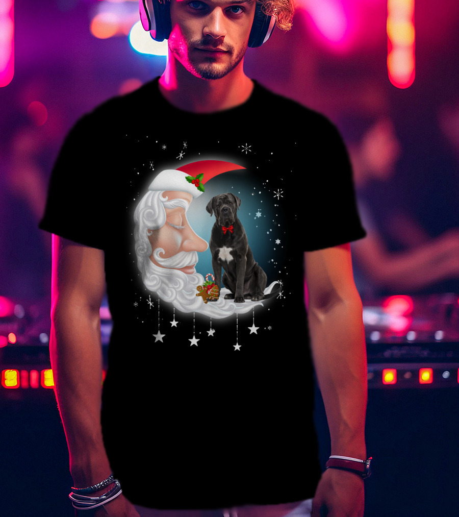 Santa Crescent Moon Cane Corso With Stars And Snowflakes T-Shirt