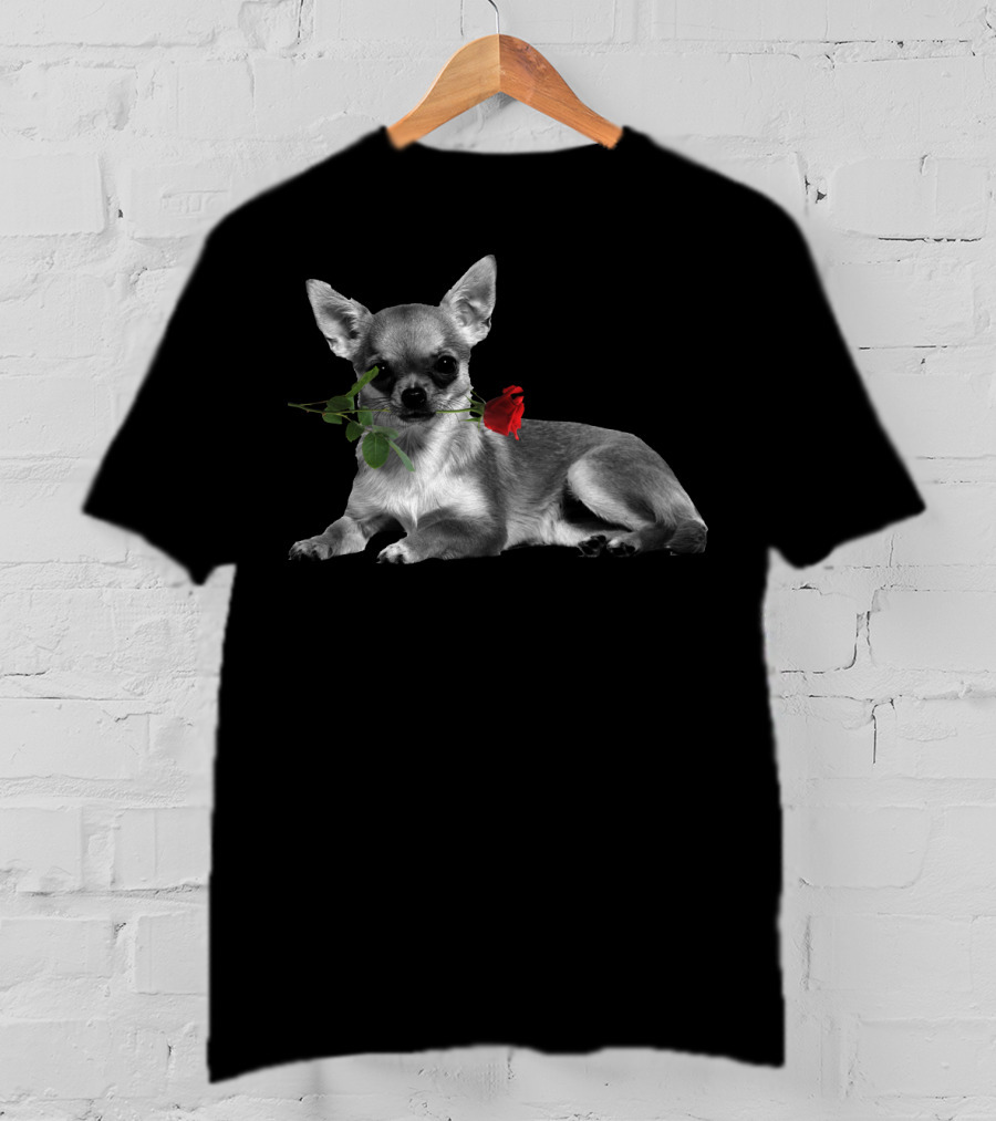 Chihuahua Holding A Red Rose In Mouth T-Shirt