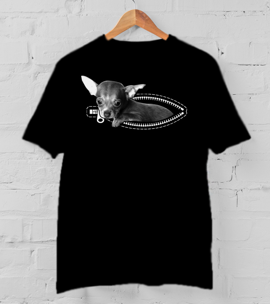 Zip Chihuahua Puppy Peeking Through Zipper T-Shirt