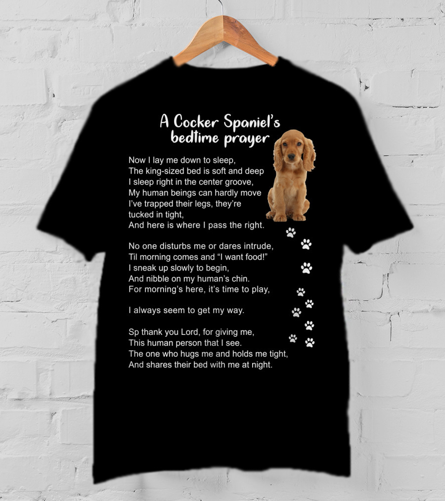 A Cocker Spaniel's Bedtime Prayer With Sleeping Dog And Paw Prints In Soft Light Brown T-Shirt