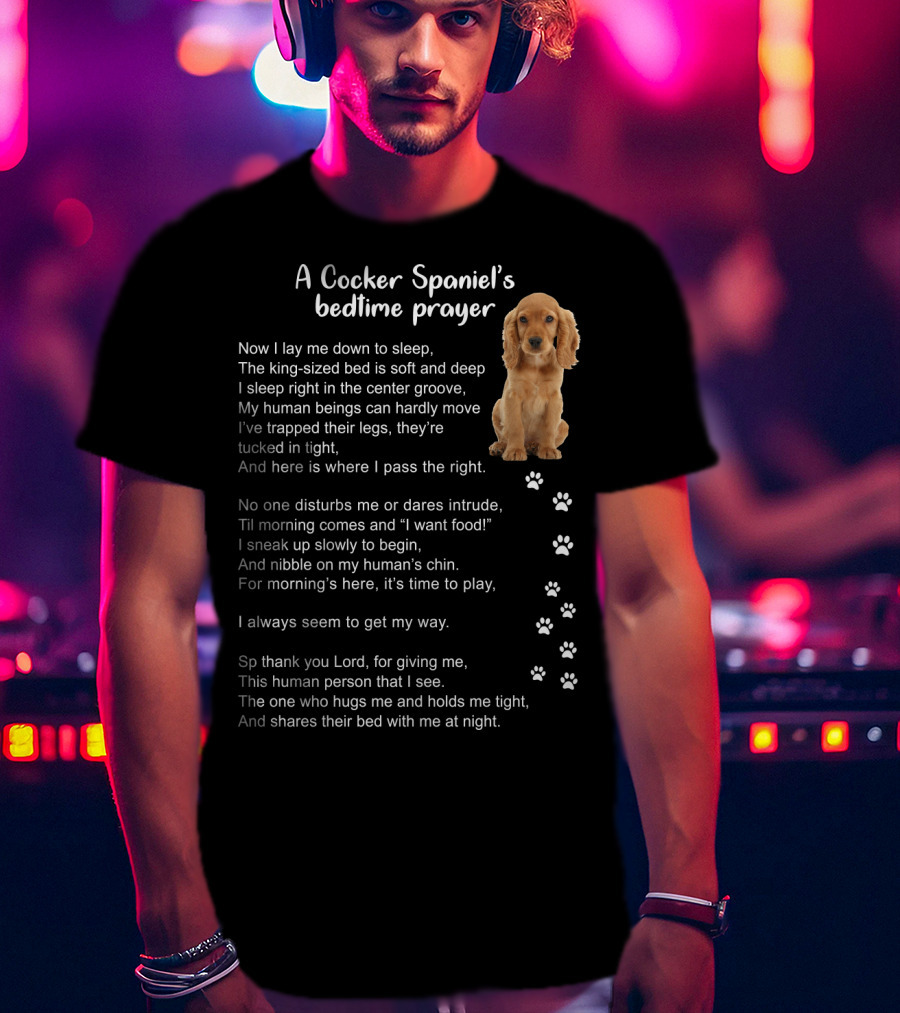 A Cocker Spaniel's Bedtime Prayer With Sleeping Dog And Paw Prints In Soft Light Brown T-Shirt