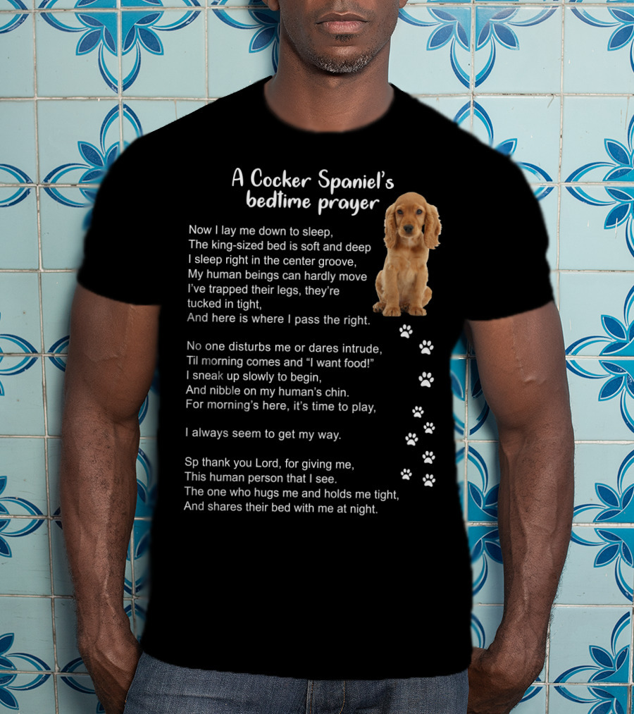 A Cocker Spaniel's Bedtime Prayer With Sleeping Dog And Paw Prints In Soft Light Brown T-Shirt