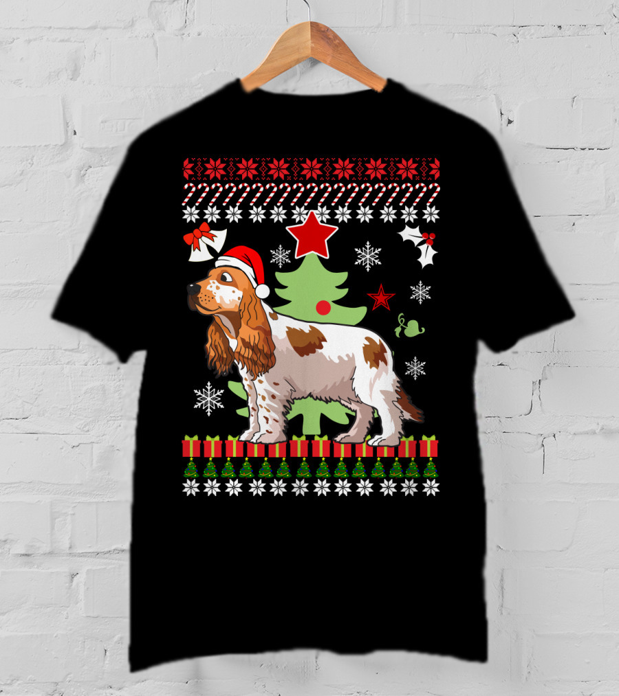 Christmas Cocker Spaniel Santa Hat Snowflakes Christmas Tree T-Shirt