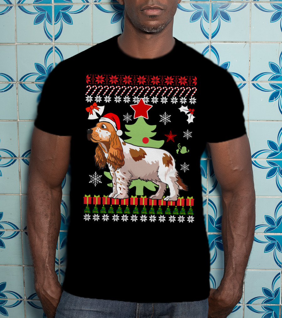 Christmas Cocker Spaniel Santa Hat Snowflakes Christmas Tree T-Shirt