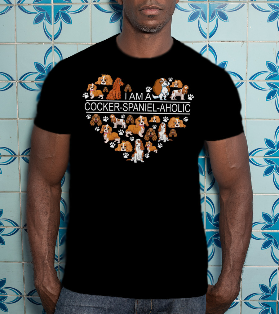 I Am A Cocker Spaniel Aholic Heart With Dog Paw Prints And Cartoon Cocker Spaniels T-Shirt