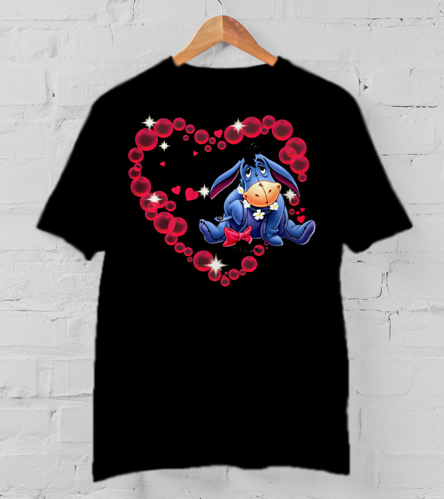 Eeyore Surrounded By Heart-Shaped Bubbles And Flowers T-Shirt