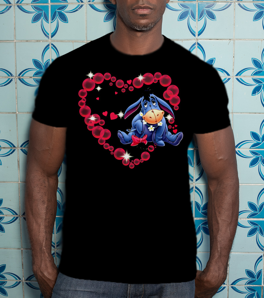 Eeyore Surrounded By Heart-Shaped Bubbles And Flowers T-Shirt