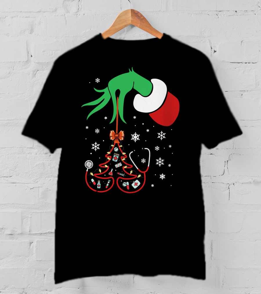 Grinch Hand Holding Nurse Themed Christmas Tree With Medical Icons T-Shirt