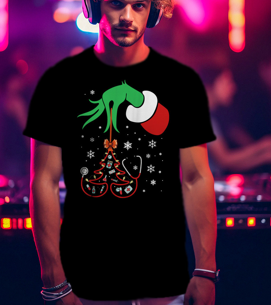 Grinch Hand Holding Nurse Themed Christmas Tree With Medical Icons T-Shirt
