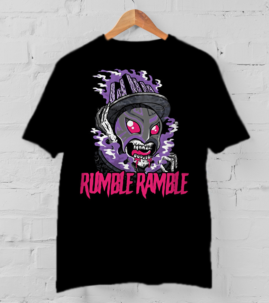 Rumble Ramble Monster In Urban Graffiti Mask With Purple Smoke And Cityscape Hat T-Shirt
