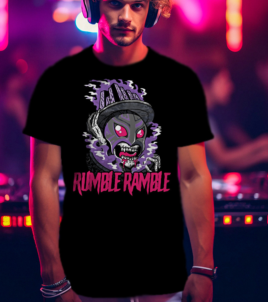 Rumble Ramble Monster In Urban Graffiti Mask With Purple Smoke And Cityscape Hat T-Shirt