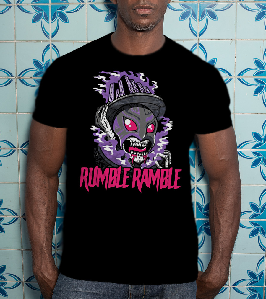 Rumble Ramble Monster In Urban Graffiti Mask With Purple Smoke And Cityscape Hat T-Shirt