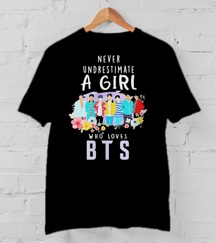 Never Underestimate A Girl Who Loves BTS Floral Watercolor Band T-Shirt