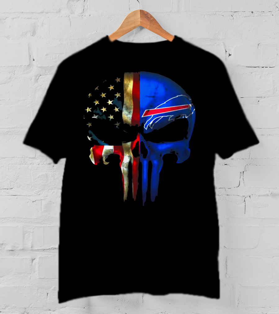 Skull Buffalo Bills American Flag Punisher NFL Logo Stars Stripes T-Shirt