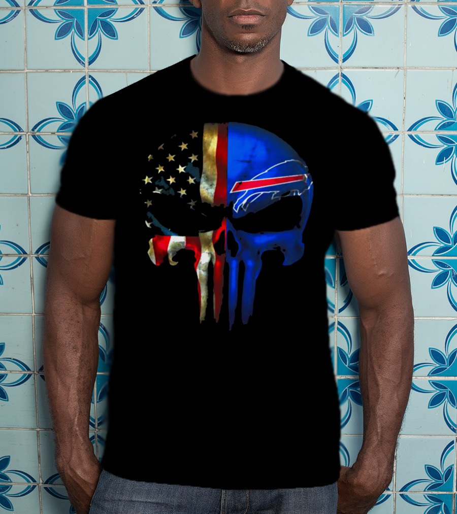Skull Buffalo Bills American Flag Punisher NFL Logo Stars Stripes T-Shirt