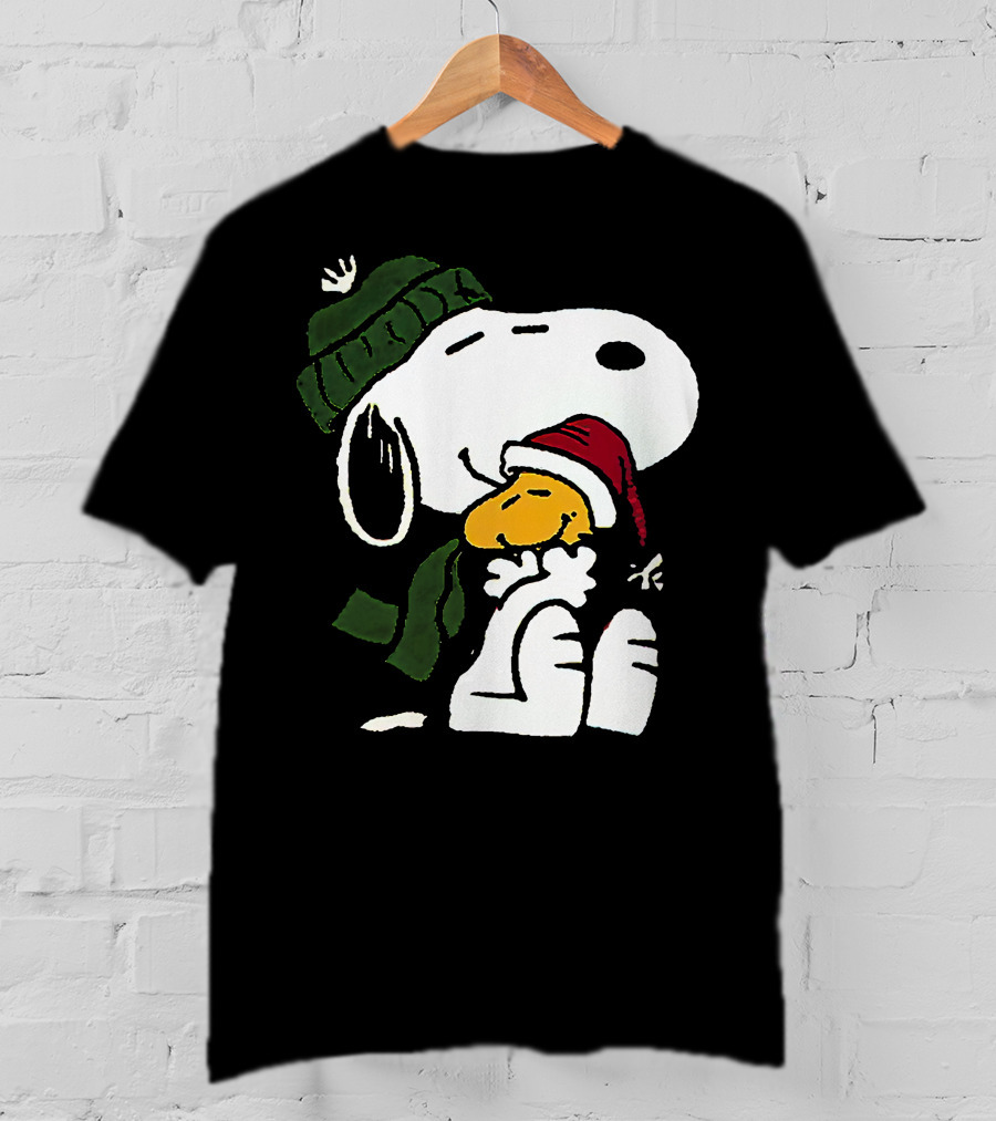 Snoopy Hugging Woodstock Winter Hat Scarf Christmas T-Shirt