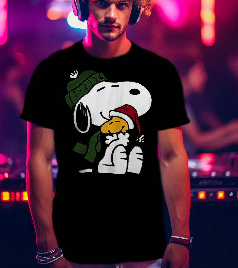 Snoopy Hugging Woodstock Winter Hat Scarf Christmas T-Shirt