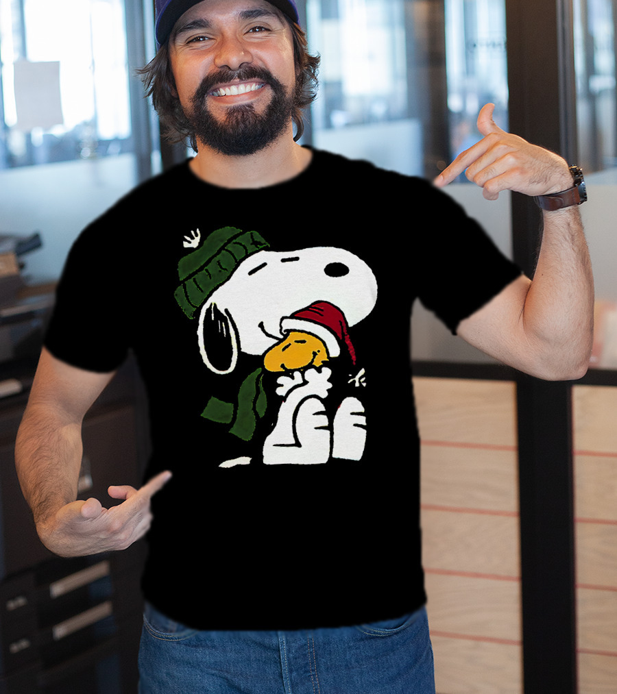 Snoopy Hugging Woodstock Winter Hat Scarf Christmas T-Shirt
