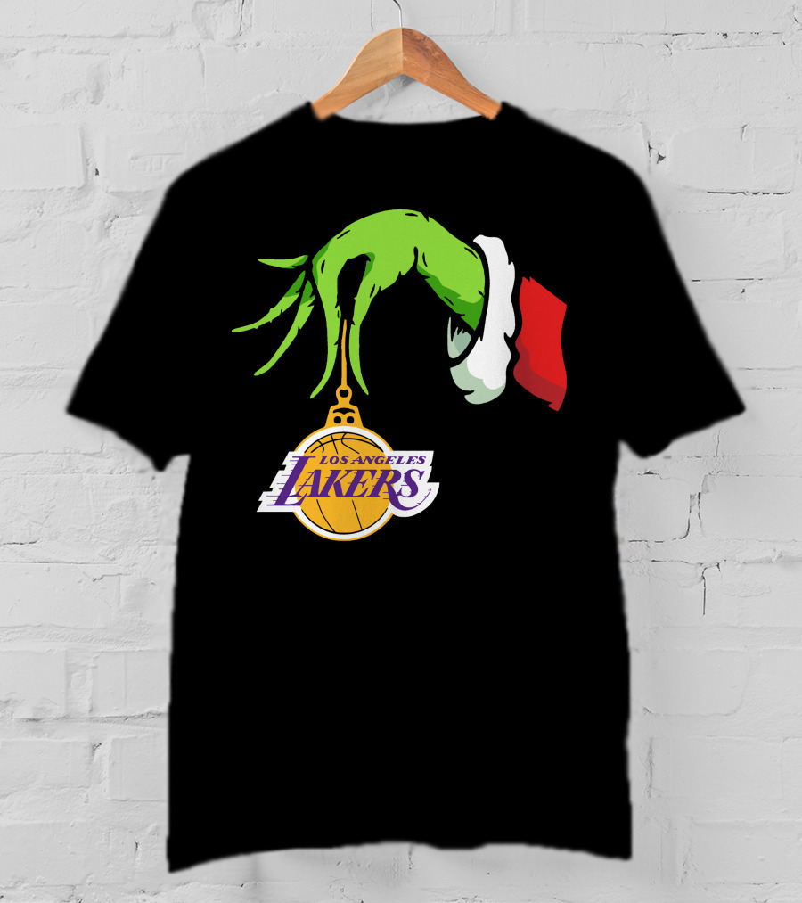 Grinch Hand With Santa Sleeve Holding Los Angeles Lakers T-Shirt