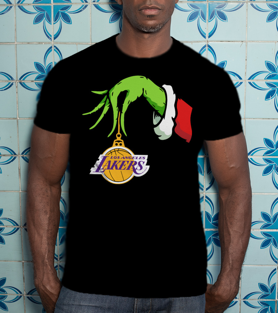 Grinch Hand With Santa Sleeve Holding Los Angeles Lakers T-Shirt