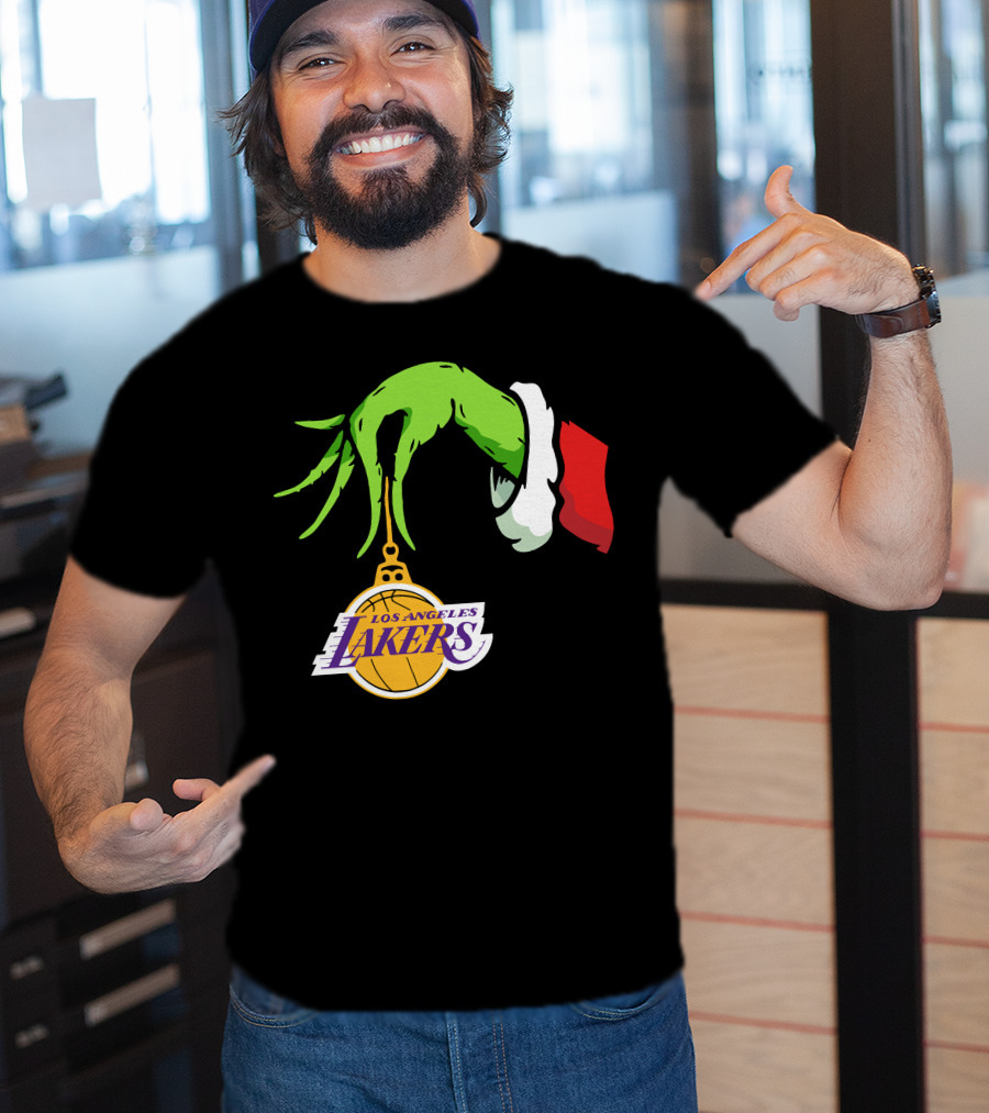 Grinch Hand With Santa Sleeve Holding Los Angeles Lakers T-Shirt