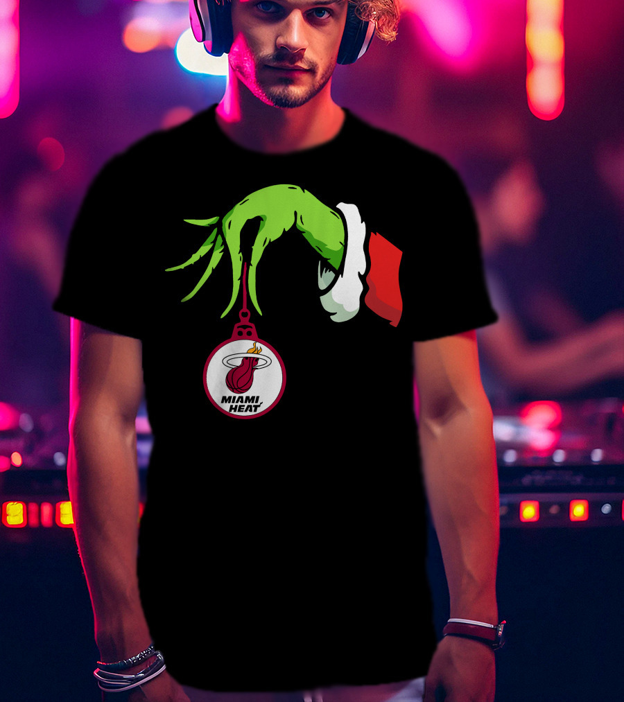 Grinch Hand With Miami Heat Ornament Holiday Sports T-Shirt