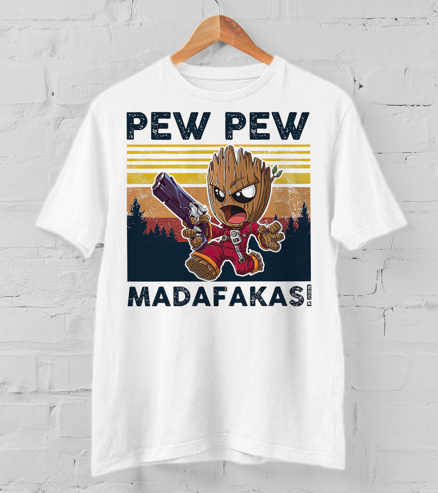 Pew Pew Madafakas Baby Groot Retro Forest Background T-Shirt