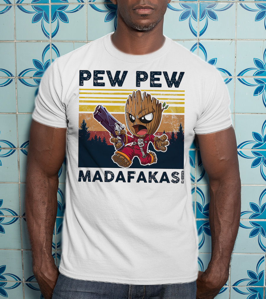 Pew Pew Madafakas Baby Groot Retro Forest Background T-Shirt