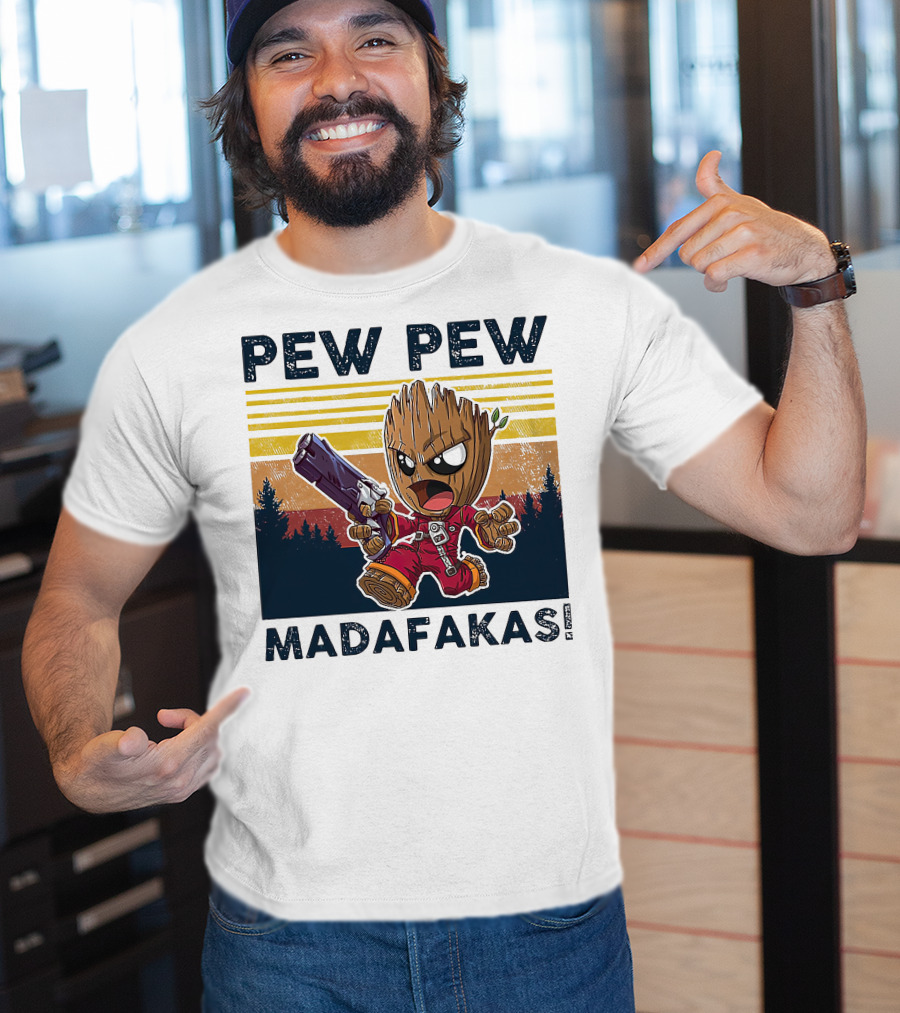 Pew Pew Madafakas Baby Groot Retro Forest Background T-Shirt
