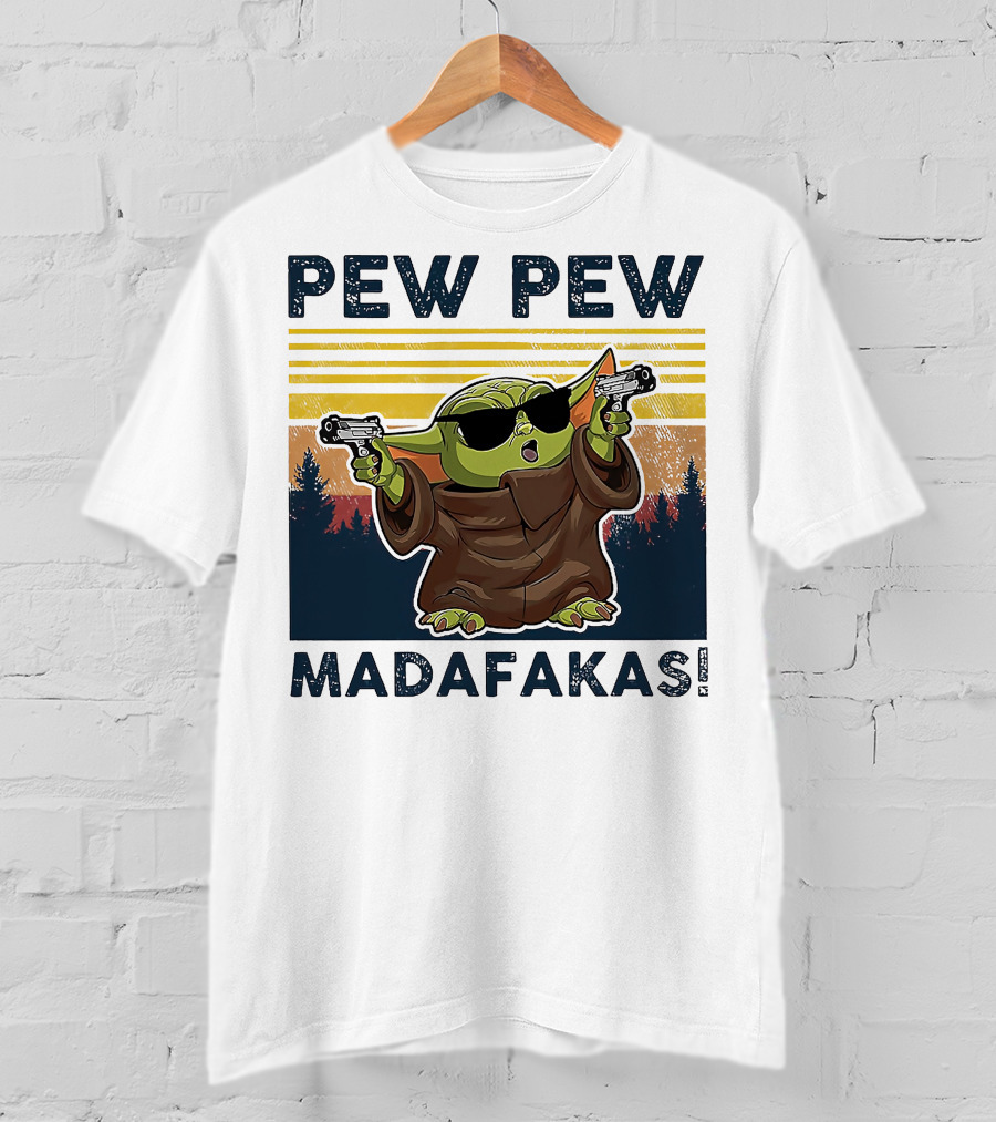Pew Pew Madafakas Baby Yoda Retro Forest Sunset T-Shirt