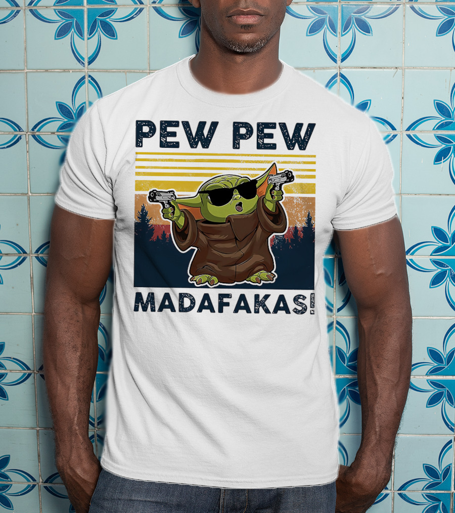 Pew Pew Madafakas Baby Yoda Retro Forest Sunset T-Shirt