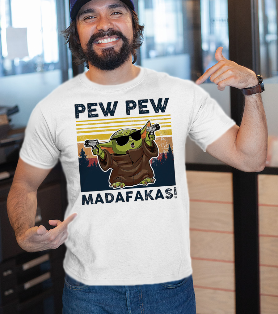 Pew Pew Madafakas Baby Yoda Retro Forest Sunset T-Shirt