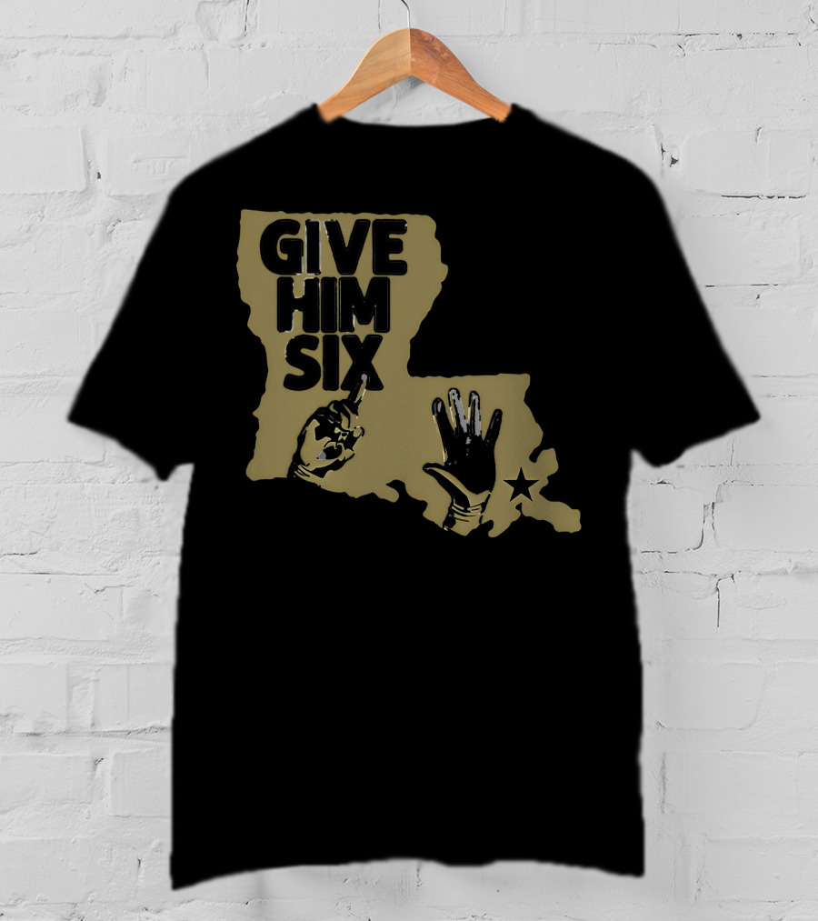 Give Him Six Louisiana Map With Football Gloves Star T-Shirt