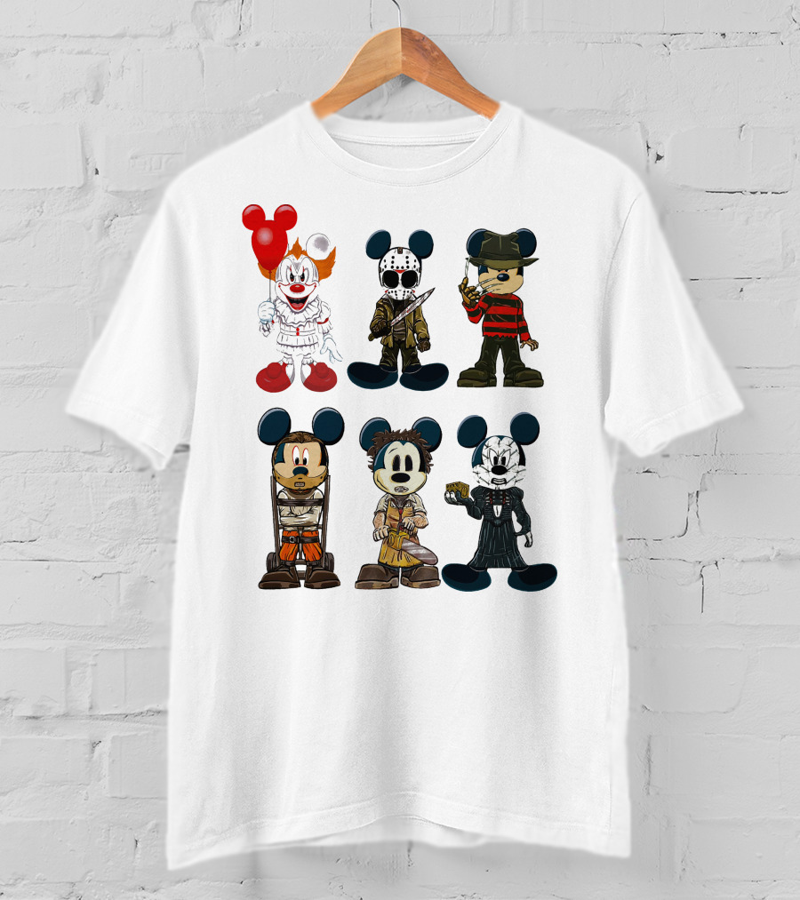 Halloween Horror Characters Mickey Mouse Pennywise Jason Freddy Chucky Leatherface Pinhead T-Shirt