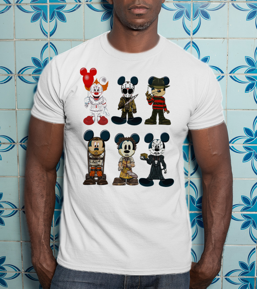 Halloween Horror Characters Mickey Mouse Pennywise Jason Freddy Chucky Leatherface Pinhead T-Shirt